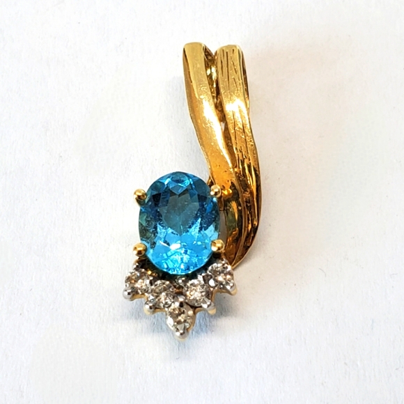 18k Yellow Gold Blue Topaz Diamond Pendant - Picture 1 of 11